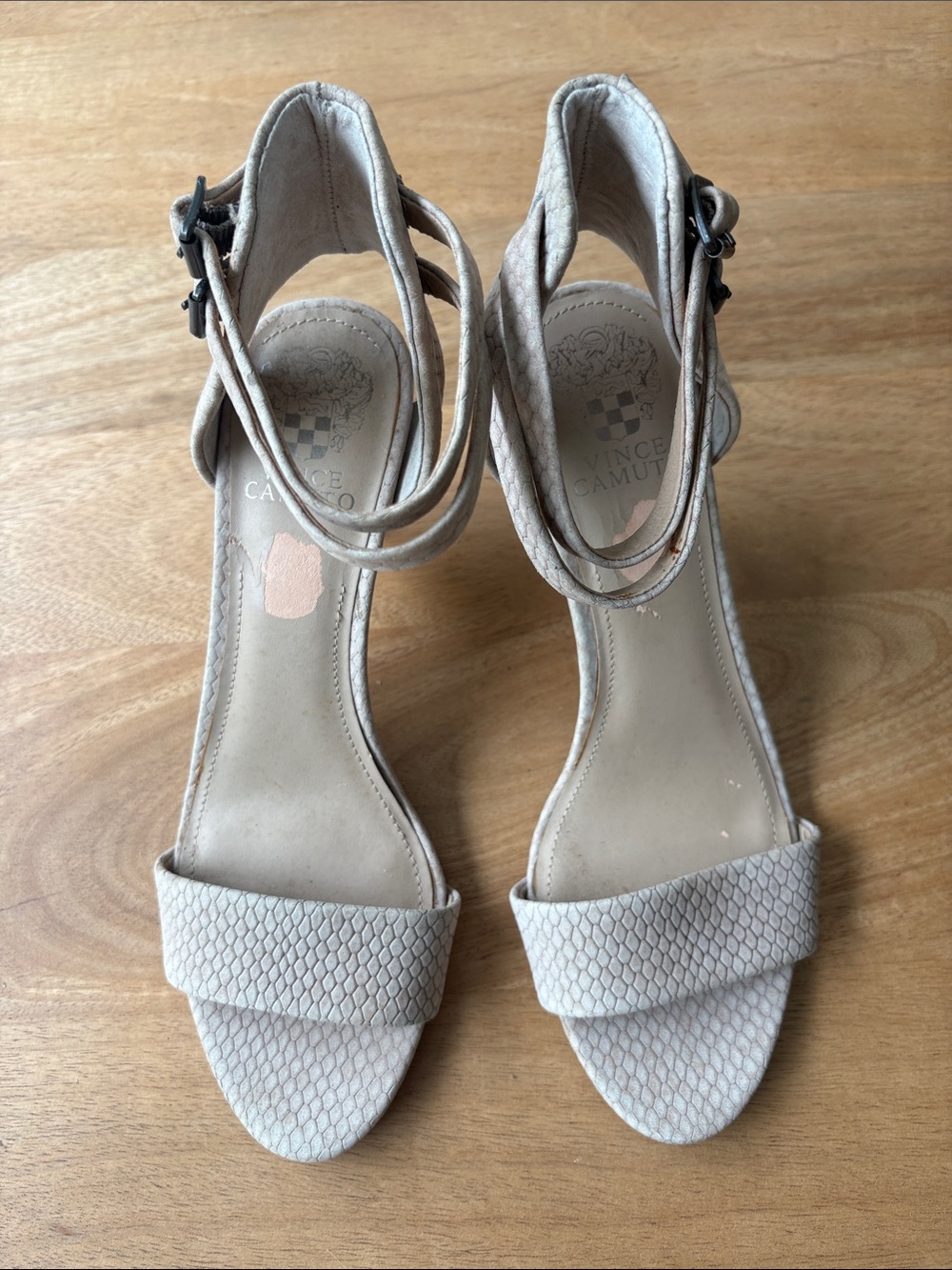 Vince Camuto Beige Textured Open-Toe Ankle-Strap Heels